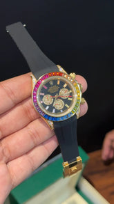Daytona Gold | Rainbow Diamond Case | Black Pvc Strap | Rainbow Digit | Chrono | Black Dial