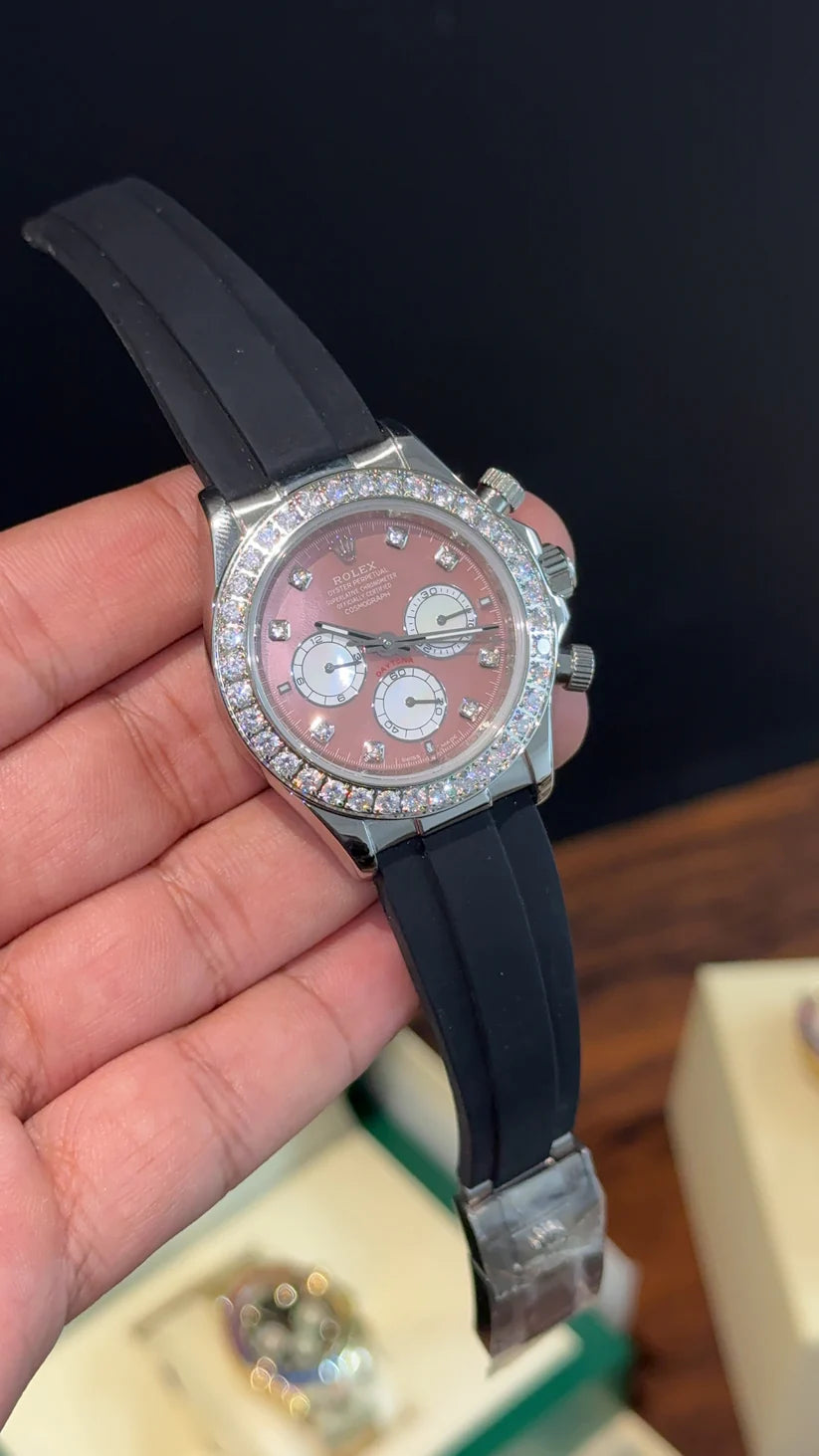 Daytona Silver | Diamond Case | Black Pvc Strap | Diamond Digit | Chrono | Mehroon Dial