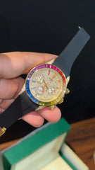 Daytona Gold | Rainbow Diamond Case | Black Pvc Strap | Rainbow Digit | Chrono | Gold Pearl Dial